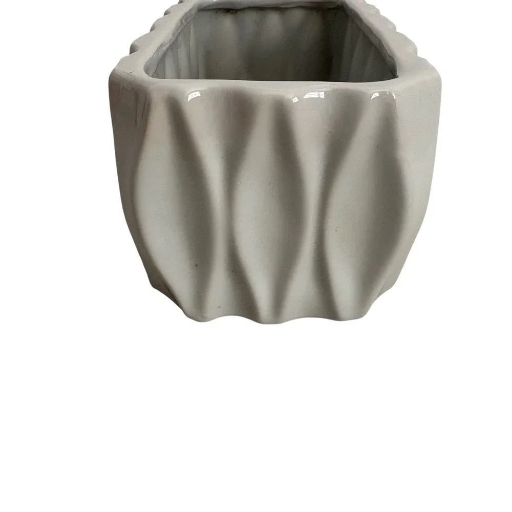 Modern Light Gray Wavy Scalloped Rectangular Ceramic Planter Succulent Pot 8.5in